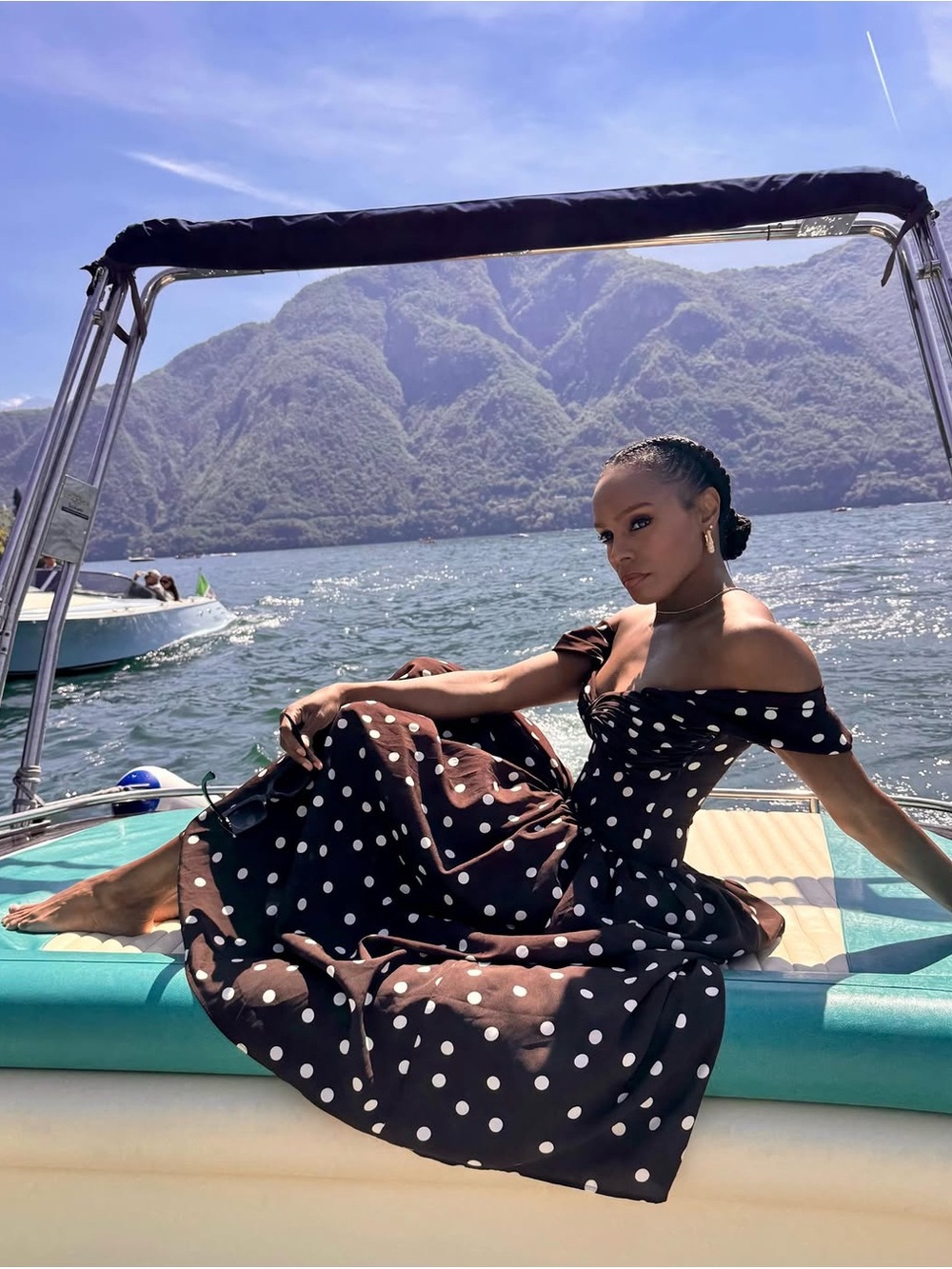 Xandie Mocha Polka Dot Off-Shoulder Midi Dress